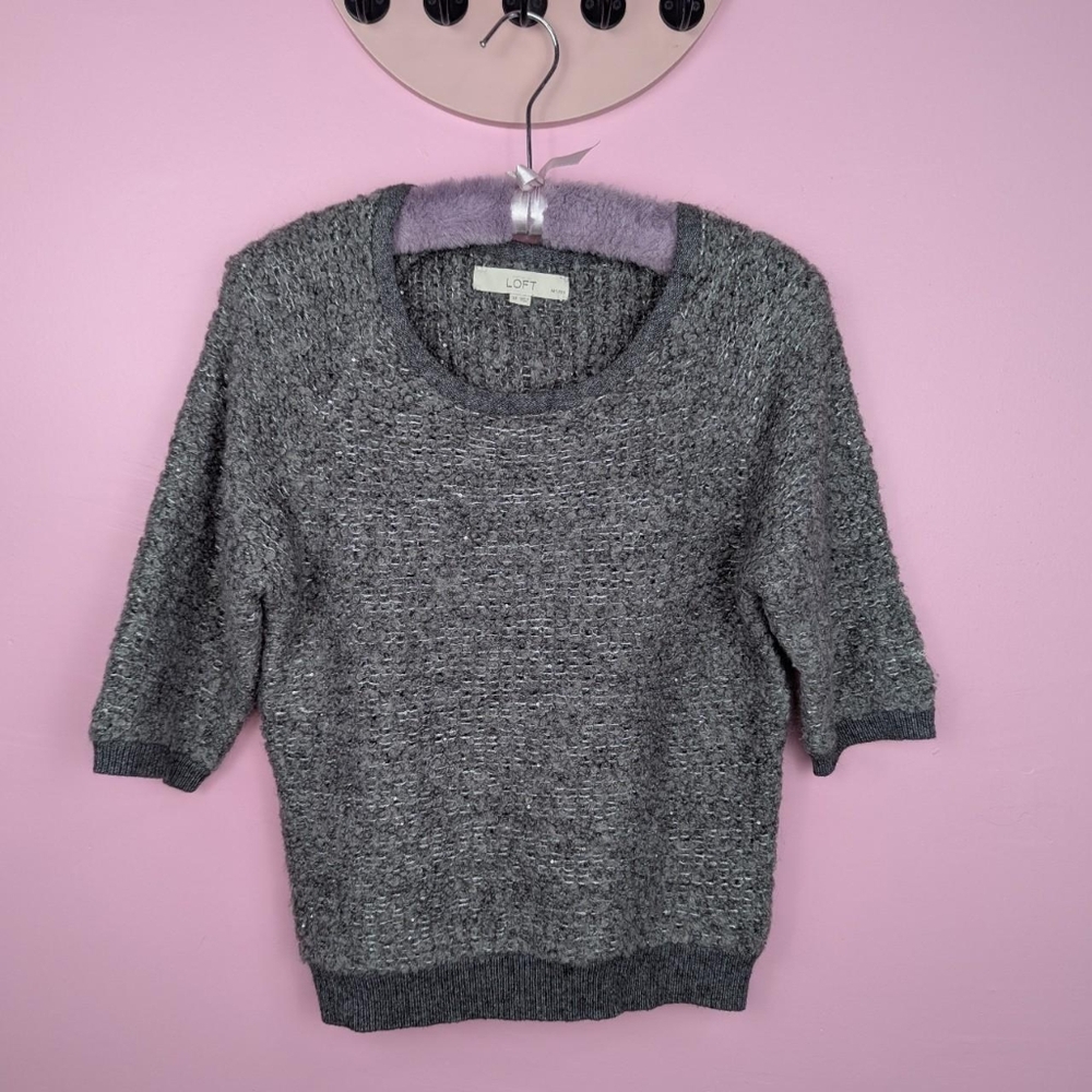 Ann Taylor Loft Petites Gray Fuzzy Sequin Wool, Mohair, Rabbit Hair Blend Top